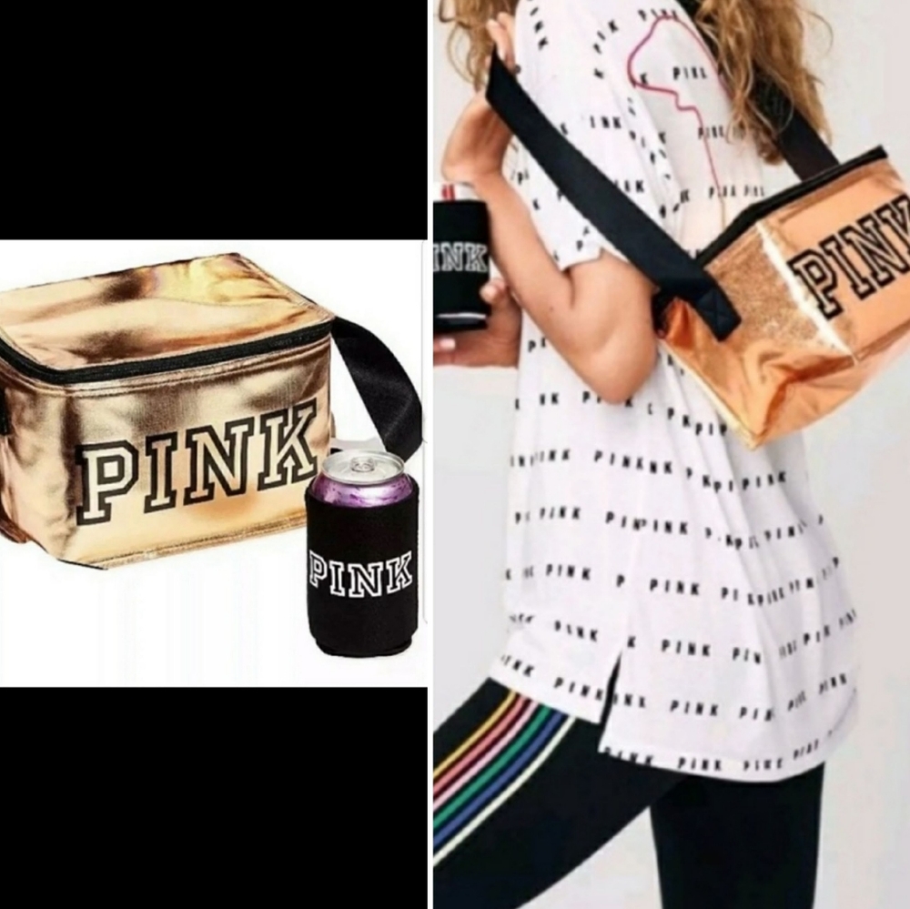 Victoria's Secret Pink Rose Gold Metallic Insulated Cooler Coozie tote
